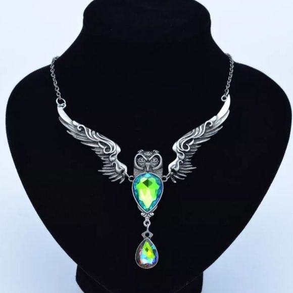 Silver Titanium and genuine Austrian rainbow crystal boho owl goth necklace new - Picture 1 of 6